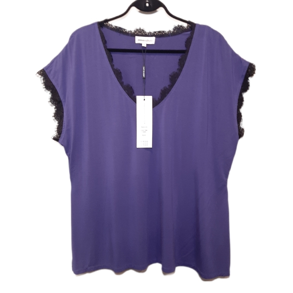 💠ANNA SCHOLZ Fringed Tunic Top Short Dolman Sleeve Vneck Eyelash Lace Blouse